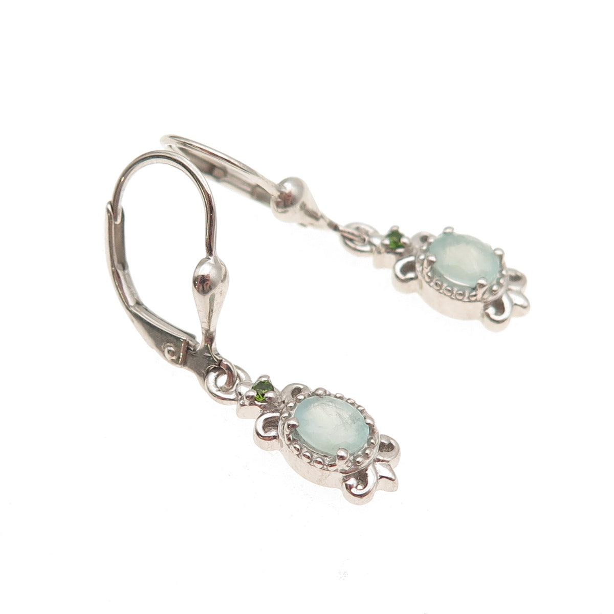 D'Joy 925 Sterling Silver Real Aquamarine & Peridot Fleur de Lis Dangle Earrings
