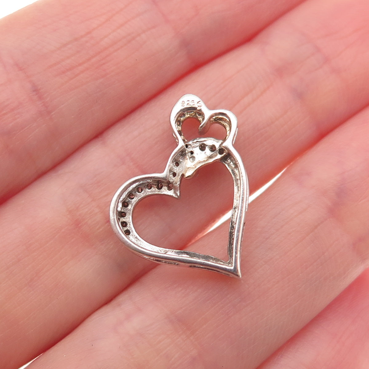 925 Sterling Silver Real Diamond Double Heart Mini Slide Charm Pendant
