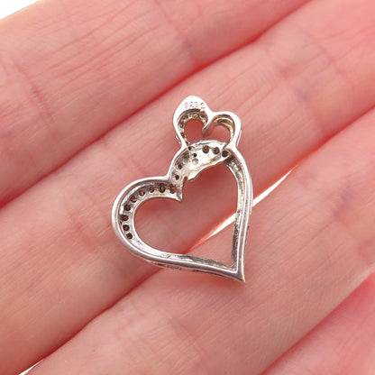 925 Sterling Silver Real Diamond Double Heart Mini Slide Charm Pendant