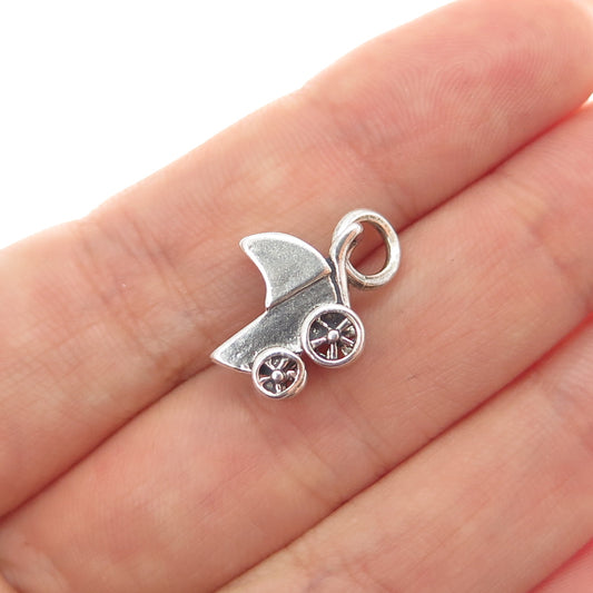 925 Sterling Silver Vintage Baby Stroller Minimalist 3D Charm Pendant