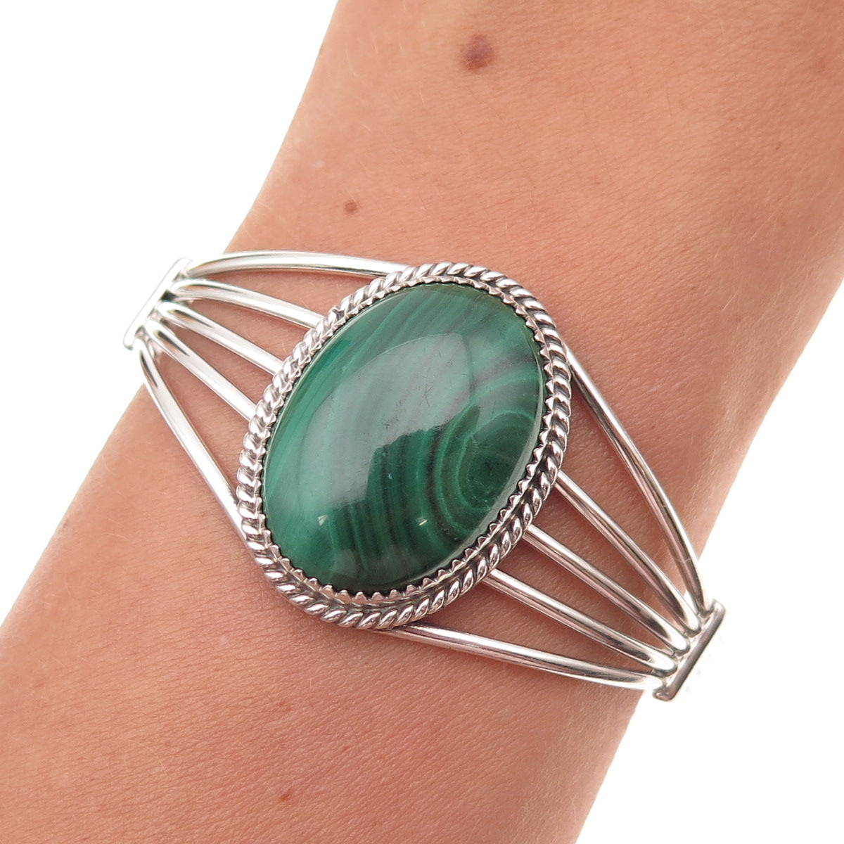Old Pawn Sterling Silver Vintage Southwestern Malachite Adjustable Bracelet 6"