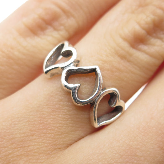 925 Sterling Silver Vintage Triple Heart Oxidized Ring Size 6.75
