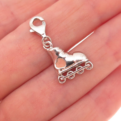925 Sterling Silver Vintage Enamel Heart Roller Skate Lobster Lock Charm Pendant
