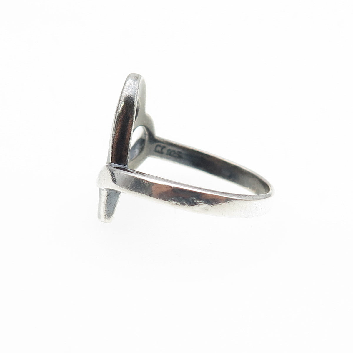 925 Sterling Silver Vintage Modernist Loving Heart Oxidized Ring Size 7.25