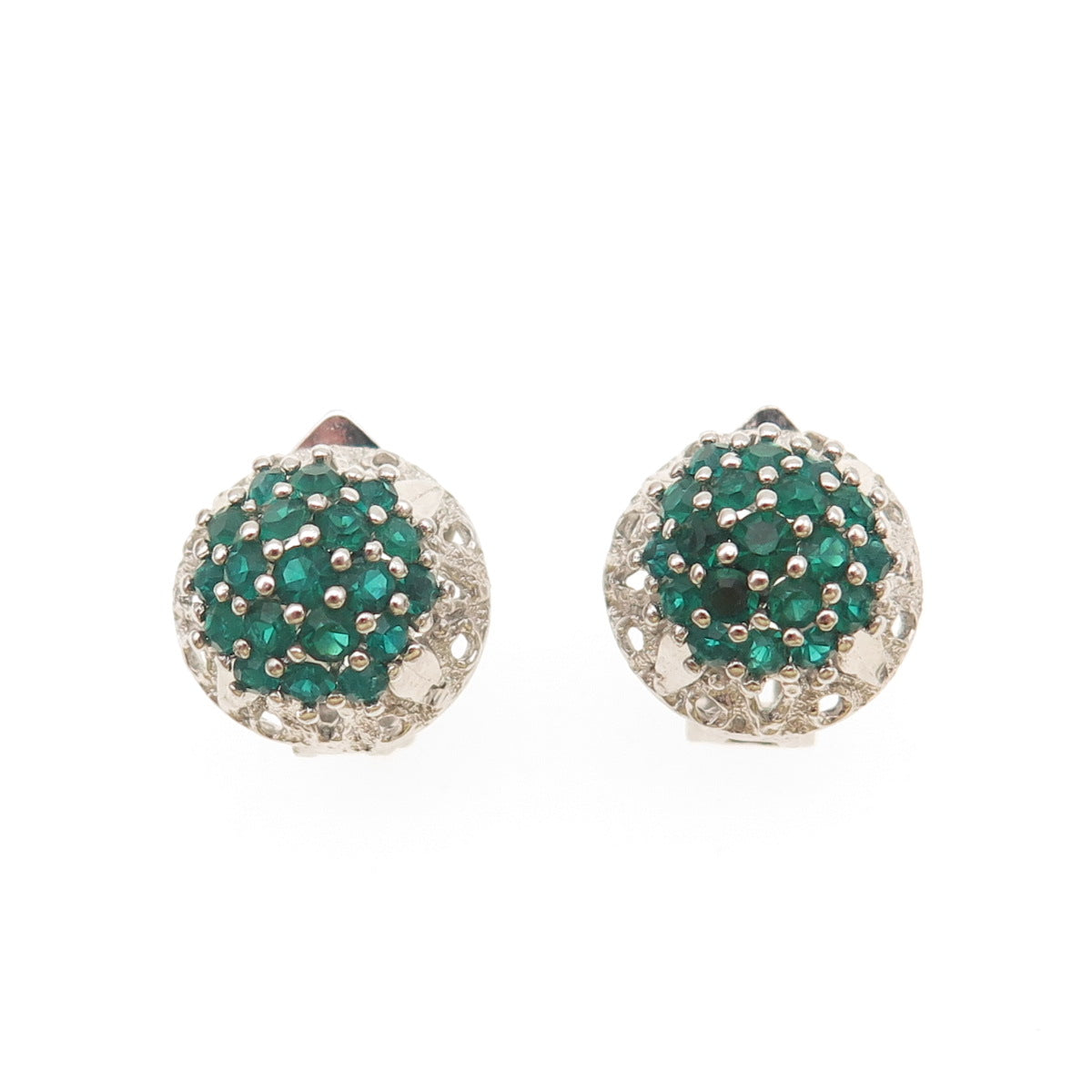 925 Sterling Silver Vintage Round-Cut Green Rhinestone Omega Back Earrings