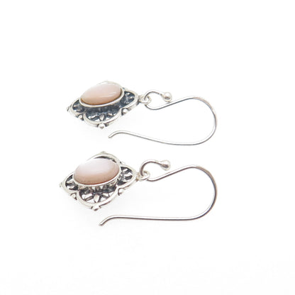 925 Sterling Silver Vintage Real Mother-of-Pearl Flower Dangle Earrings