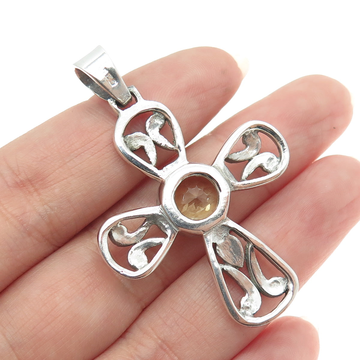 925 Sterling Silver Vintage Real Round-Cut Citrine Ornate Cross Pendant