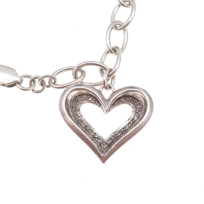 925 Sterling Silver Vintage Dangle Heart Oxidized Oval-Link Bracelet 7"