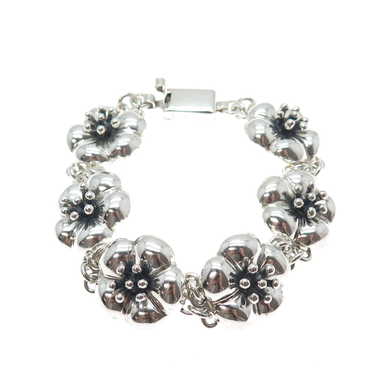 925 Sterling Silver Vintage CII Mexico Flower Blossom Oxidized Bracelet 7.25"
