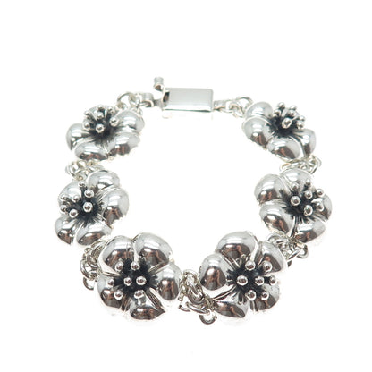 925 Sterling Silver Vintage CII Mexico Flower Blossom Oxidized Bracelet 7.25"