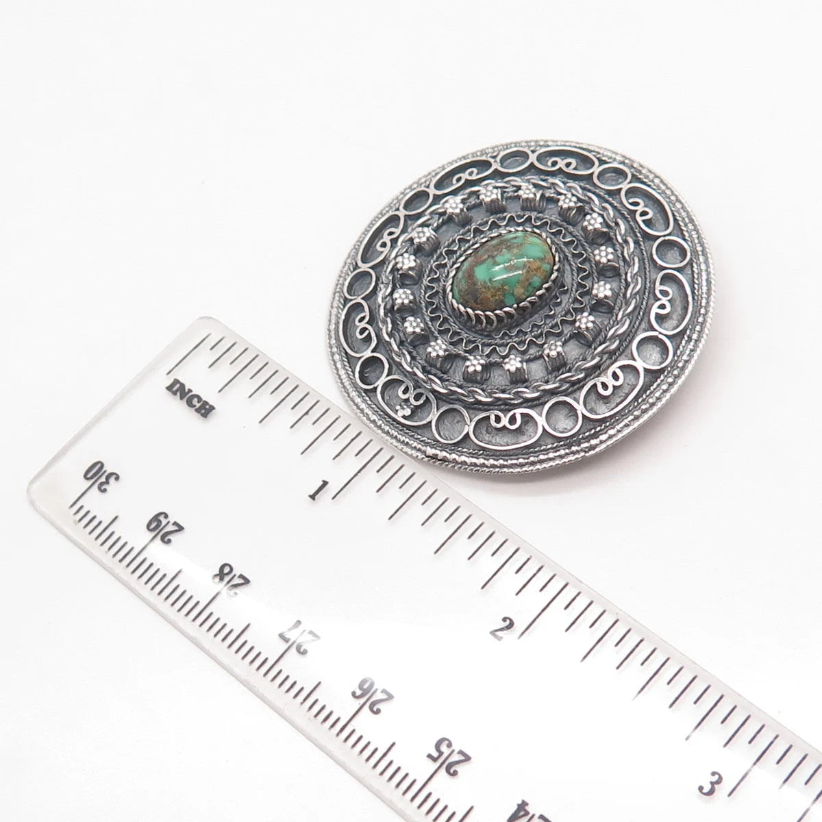 935 Silver Vintage Israel Real Royston Turquoise Gem Ethnic Round Pin Brooch