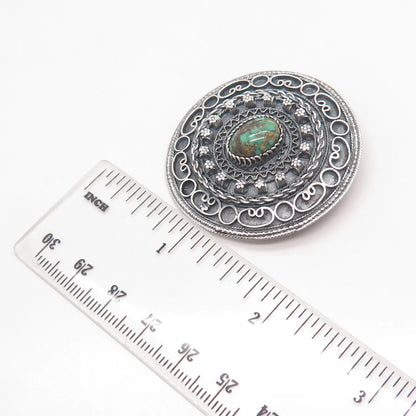 935 Silver Vintage Israel Real Royston Turquoise Gem Ethnic Round Pin Brooch