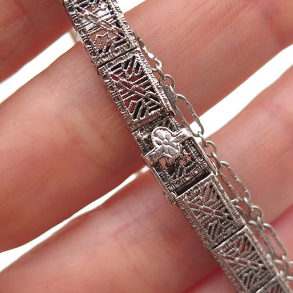 925 Sterling Antique Art Deco Real Diamond & Rhinestone Filigree Bracelet 6.5"