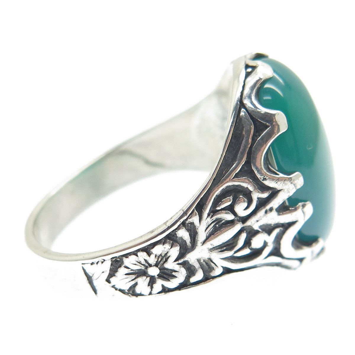 925 Sterling Silver Vintage Green Agate Flower Oxidized Ring Size 11.5