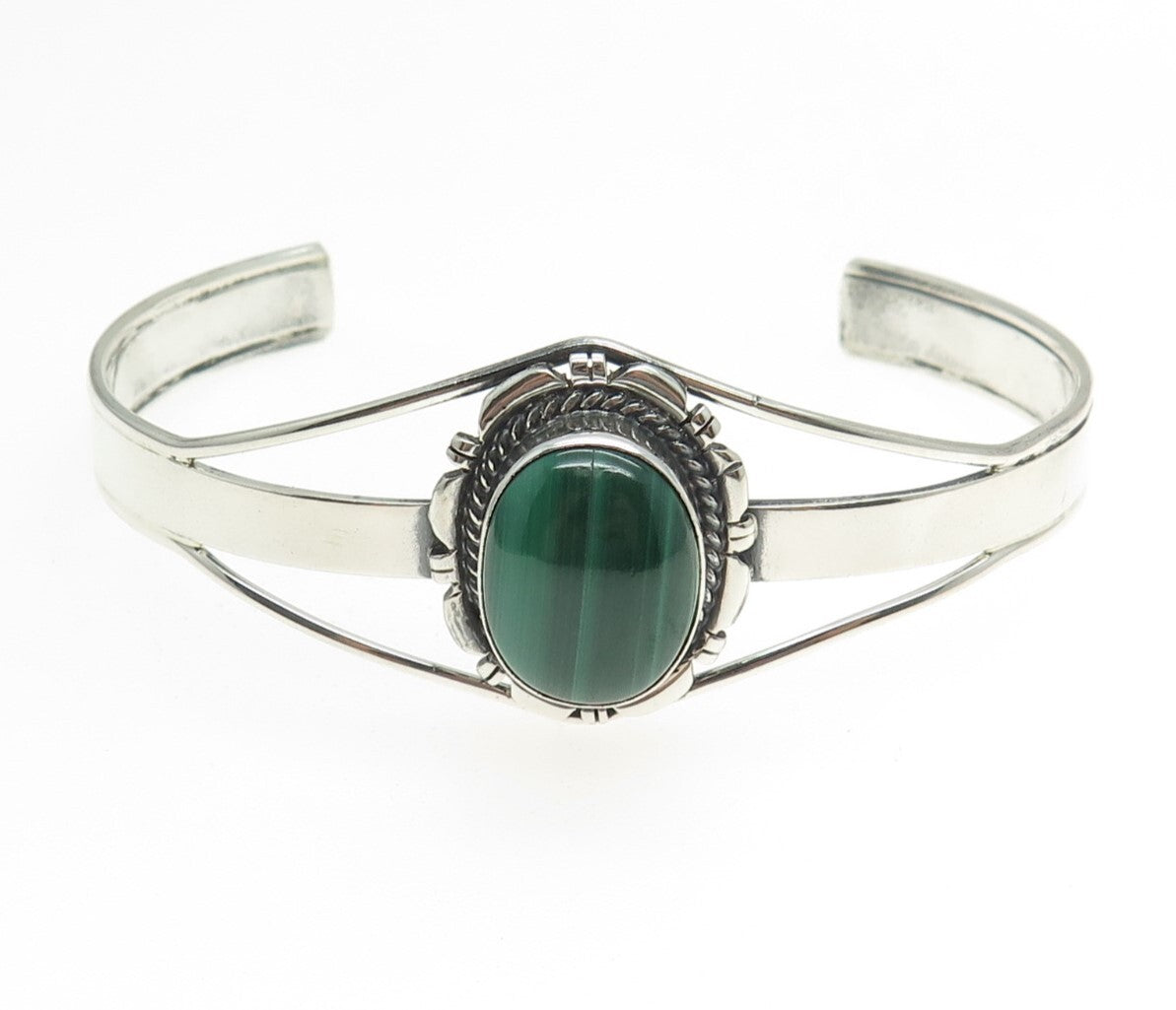 Old Pawn 925 Sterling Silver Southwestern Malachite Adjustable Cuff Bracelet 7"