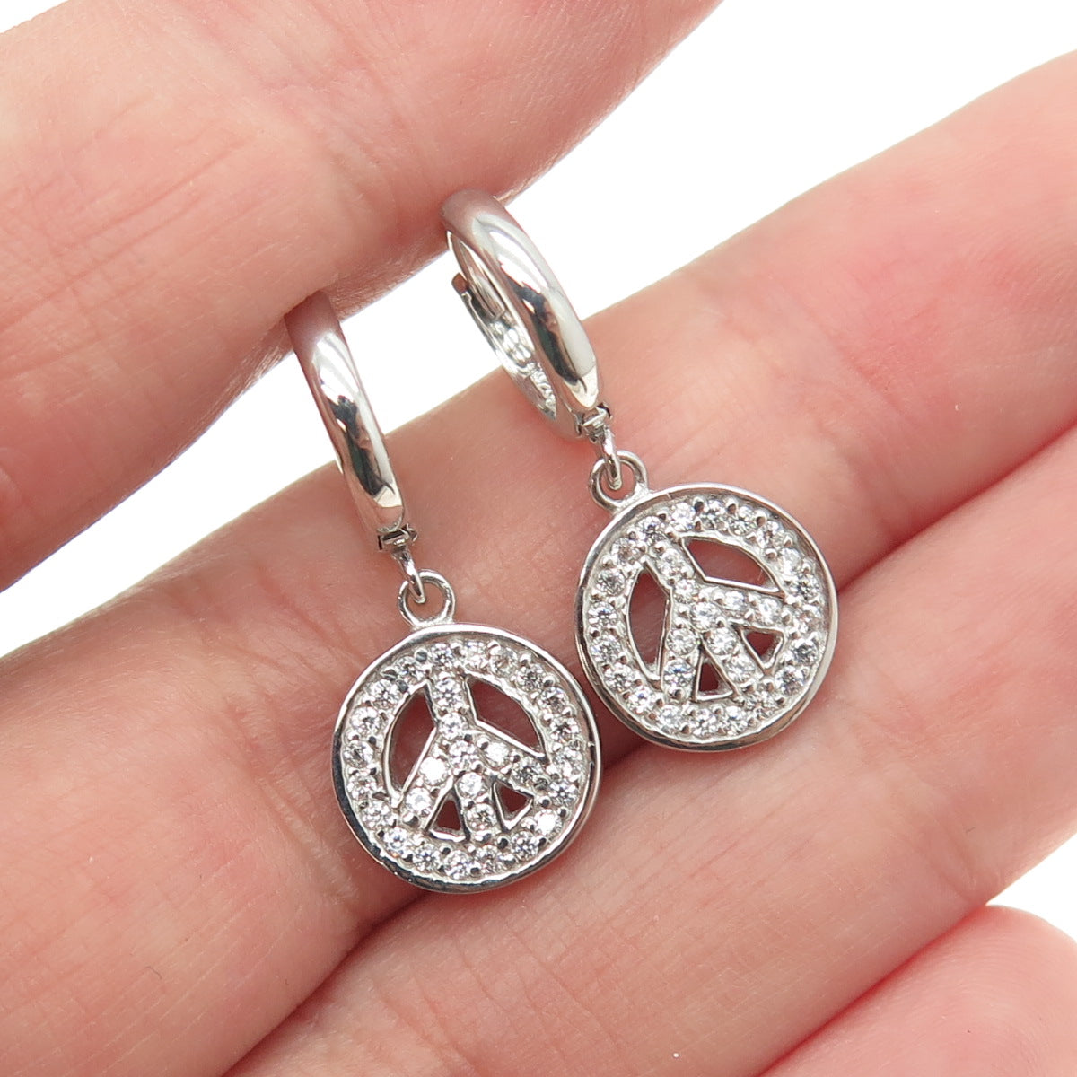 925 Sterling Silver Round-Cut C Z Peace Symbol Dangling Earrings