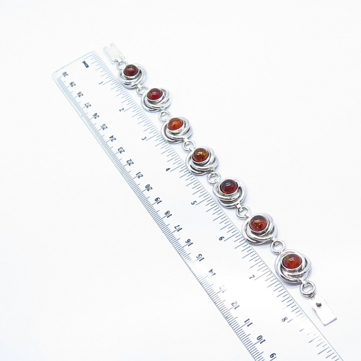 925 Sterling Silver Vintage Mexico Real Amber Nest Link Bracelet 7.5"