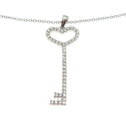 925 Sterling Silver Pave C Z Key Pendant Rolo Chain Necklace 18"