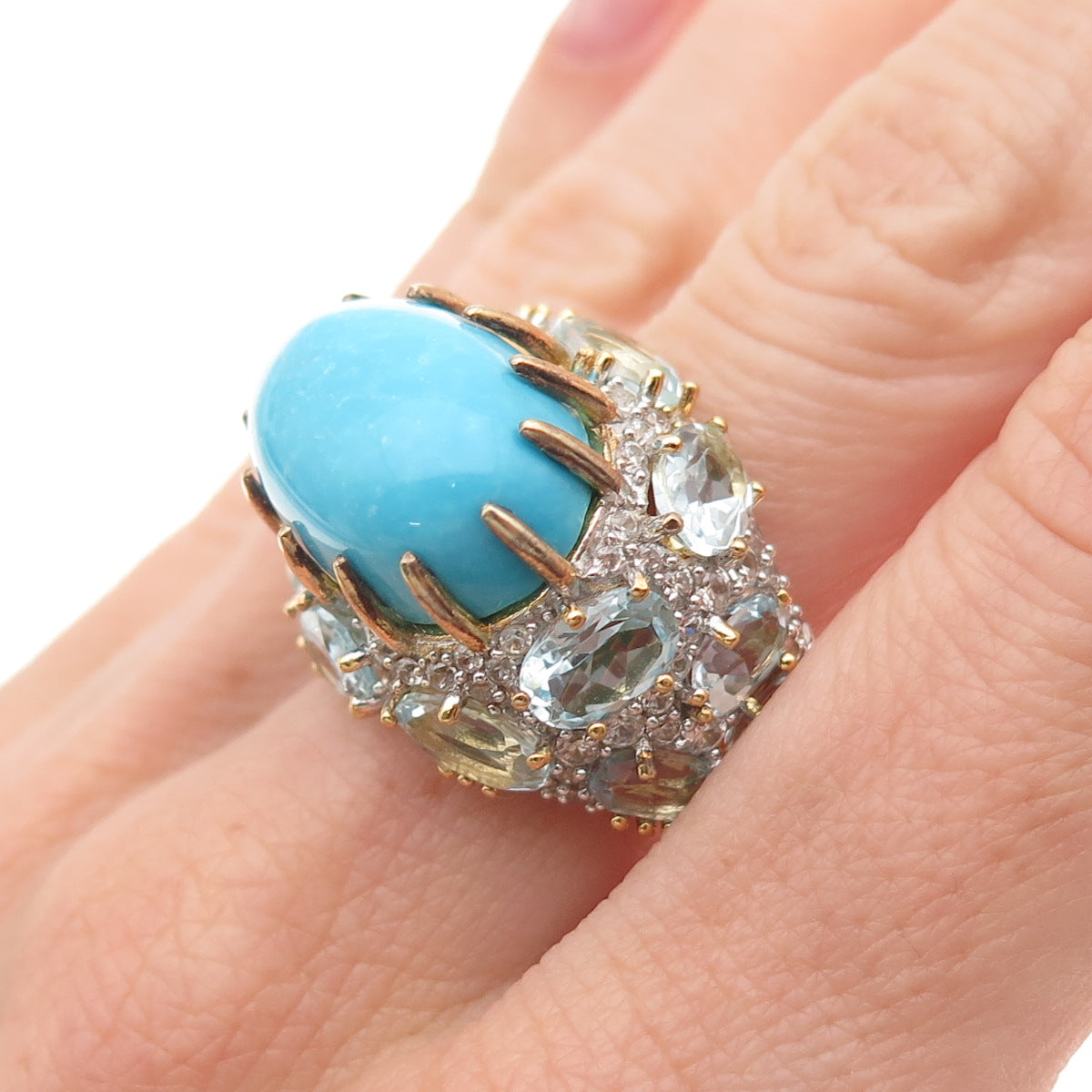 Carol Brodie Sterling Gold Plated Turquoise Blue & White Topaz Ring Size 8.25