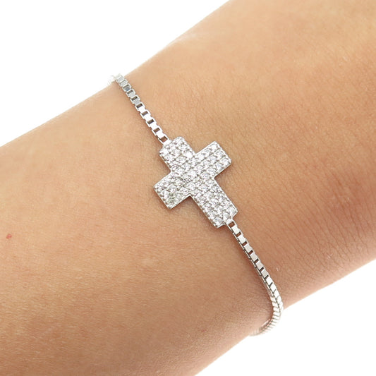 925 Sterling Silver Pave C Z Cross Box Link Bracelet 9.5"