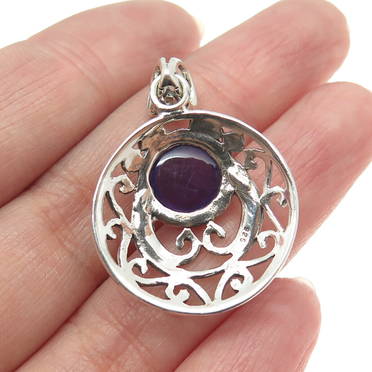 925 Sterling Silver Vintage Real Amethyst Gemstone Swirl Ornate Pendant