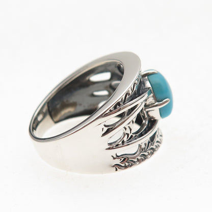 925 Sterling Silver Real Sleeping Beauty Turquoise Floral Oxidized Ring Size 8