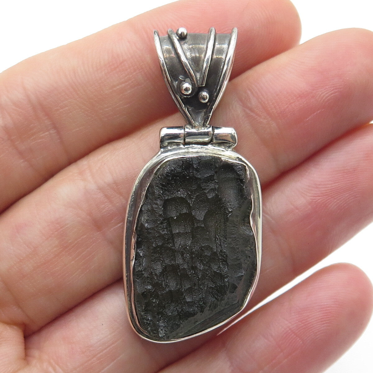 925 Sterling Silver Vintage Real Tourmaline Modernist Oxidized Pendant