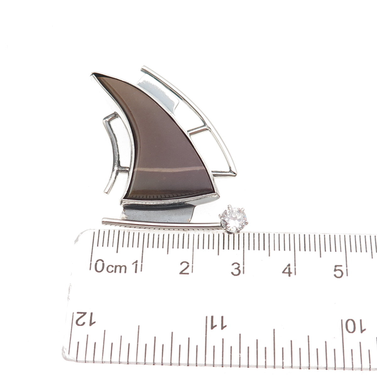 925 Sterling Silver Vintage Real Jasper & C Z Modernist Sailboat Slide Pendant
