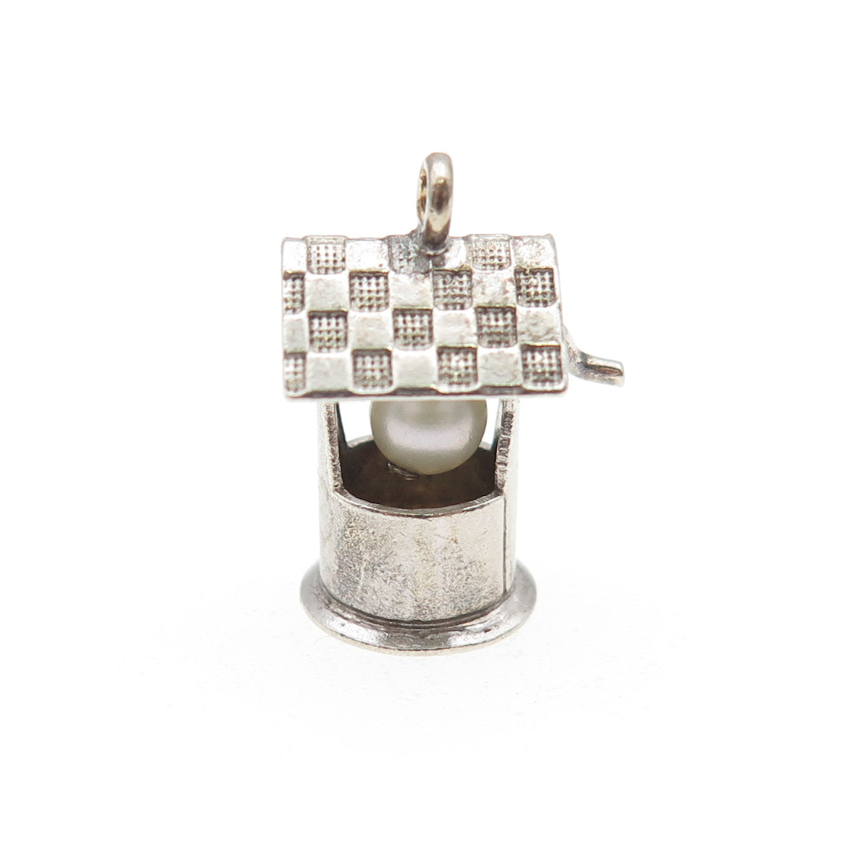 925 Sterling Silver Antique Art Deco Real Pearl Water Well Mini 3D Charm Pendant
