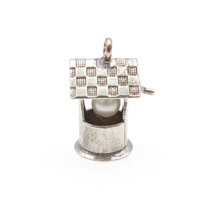 925 Sterling Silver Antique Art Deco Real Pearl Water Well Mini 3D Charm Pendant