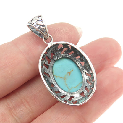 925 Sterling Silver Vintage Real Turquoise Laurel Floral Pendant