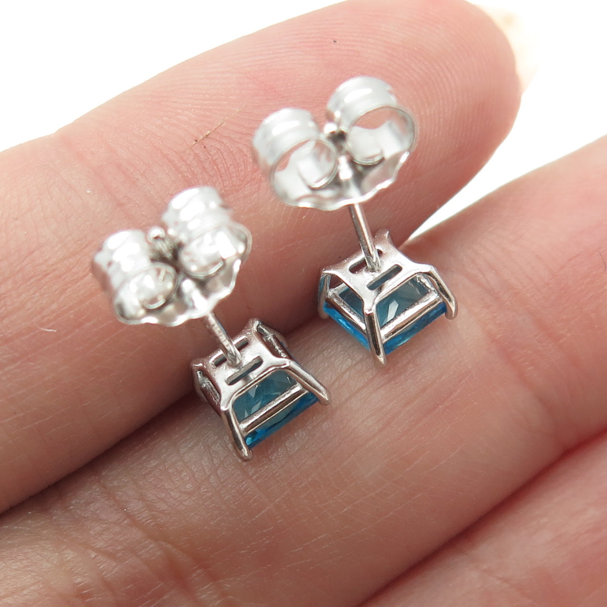 925 Sterling Silver Princess-Cut Shaped Swiss Blue C Z Stud Earrings