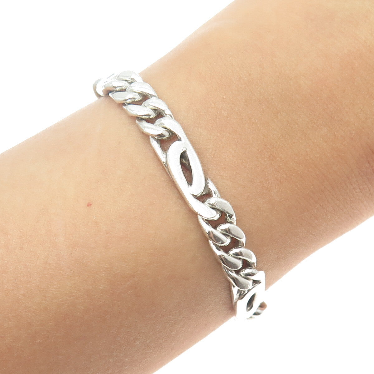 925 Sterling Silver Vintage Mexico Figaro Link Bracelet 7.75"