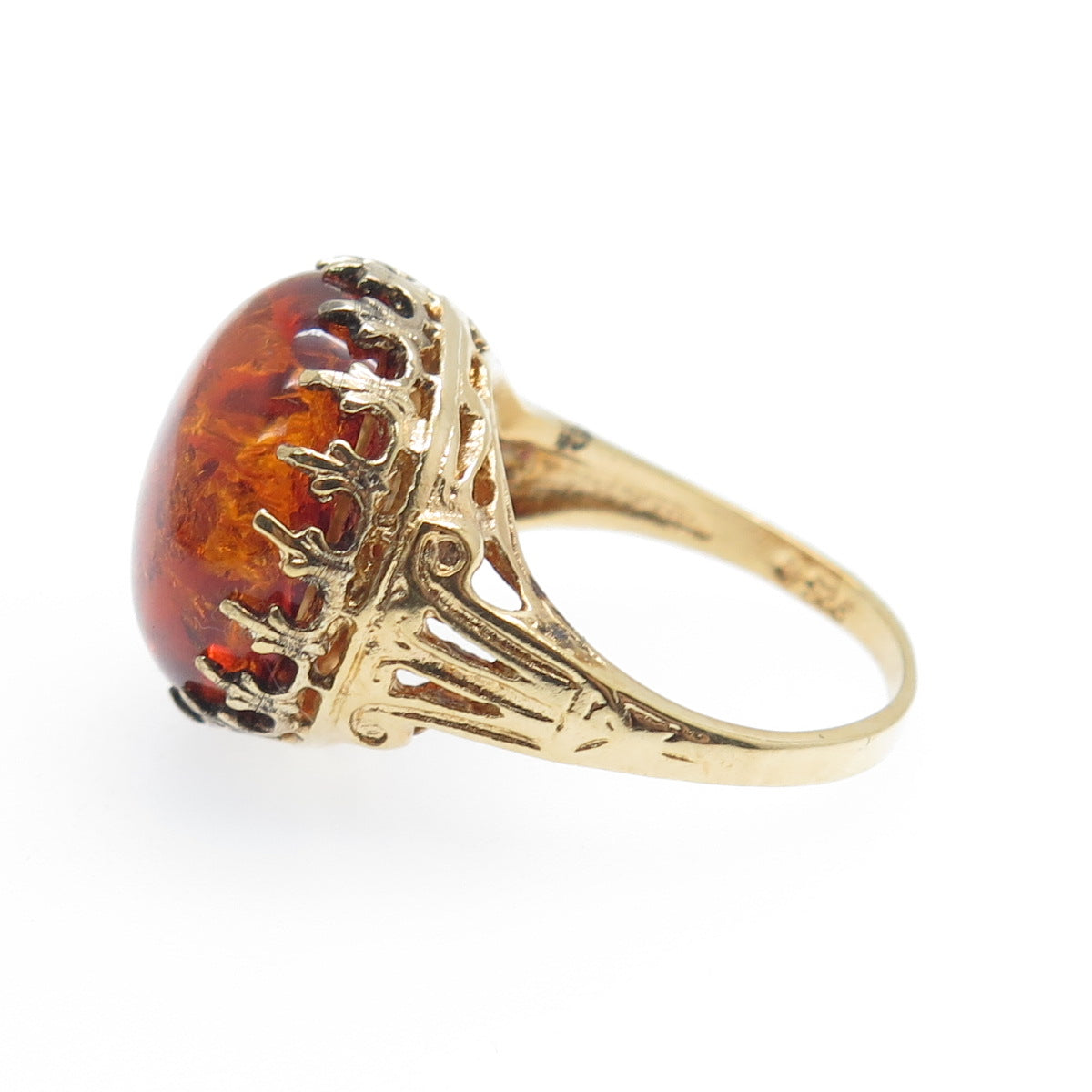 925 Sterling Silver Gold Plated Real Amber Crown Ring Size 6.25