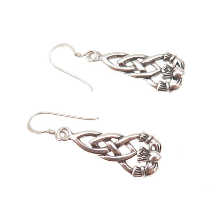 925 Sterling Silver Vintage Irish Claddagh Oxidized Dangle Earrings
