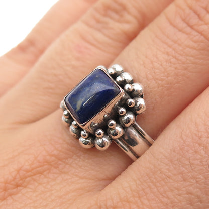 925 Sterling Silver Vintage Real Lapis Lazuli Beaded Oxidized Ring Size 9.5