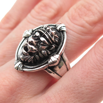 925 Sterling Silver Vintage Crown Lion Oxidized Ring Size 10.75