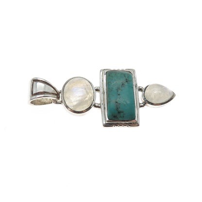 925 Sterling Silver Vintage Real Turquoise & Moonstone Modernist Charm Pendant