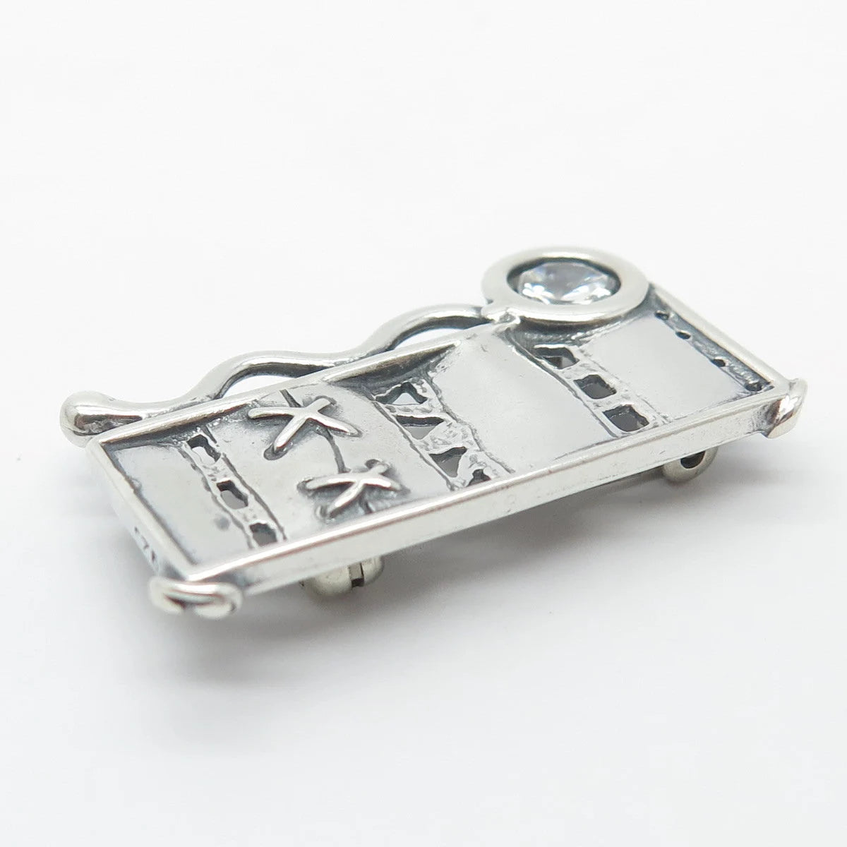 925 Sterling Silver Vintage Round-Cut C Z Modernist Pin Brooch