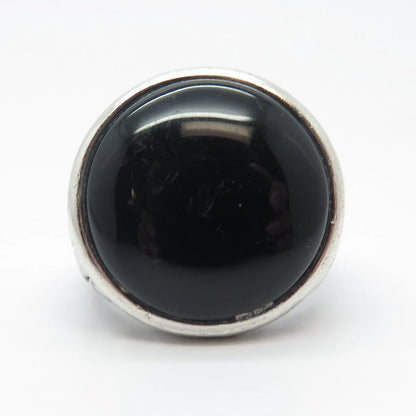 925 Sterling Silver Vintage Real Black Onyx Gem Round Ring Size 7.25