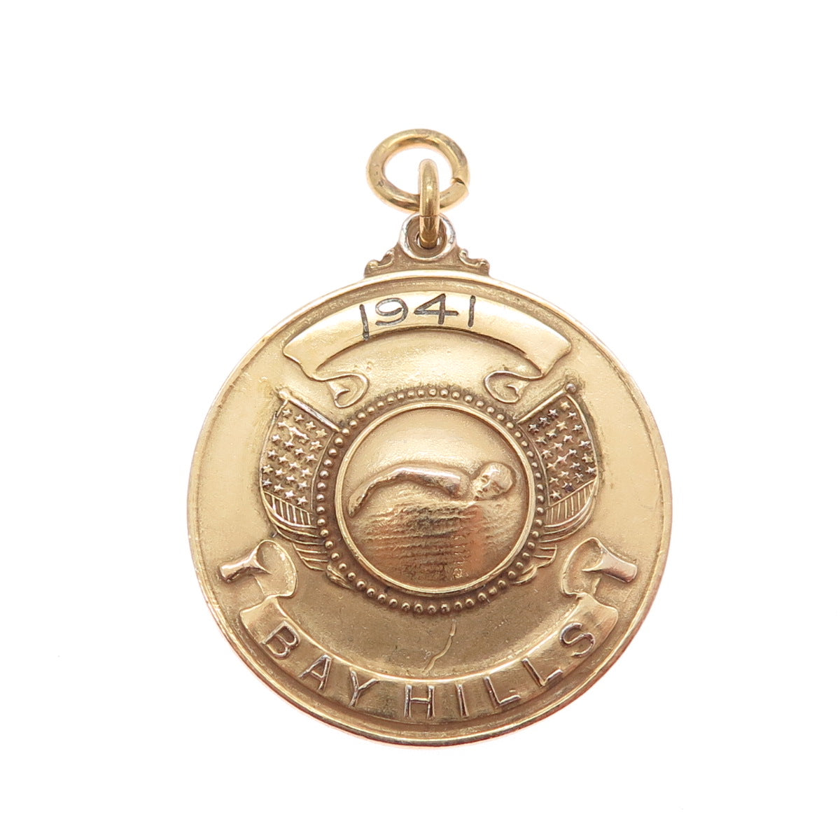 1/20 10K Gold Filled Antique WWII 1941 Bay Hills Swimming Medal Pendant