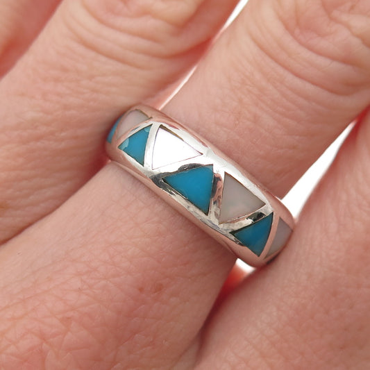 Silver Cloud Old Pawn 925 Sterling Vintage Turquoise & MOP Band Ring Size 7.5
