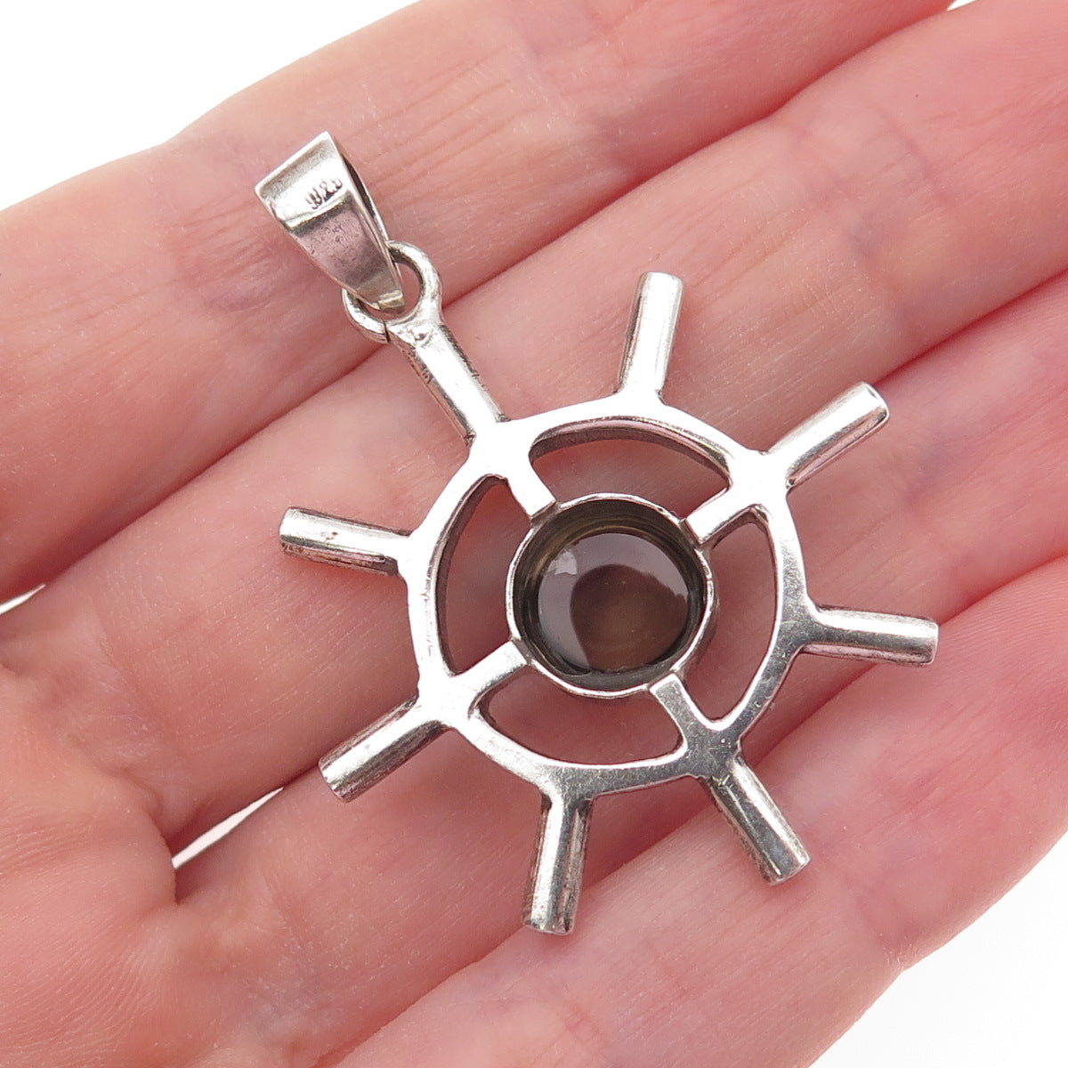 925 Sterling Silver Vintage Real Smoky Quartz Ship Wheel Charm Pendant