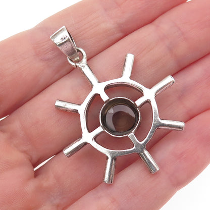 925 Sterling Silver Vintage Real Smoky Quartz Ship Wheel Charm Pendant