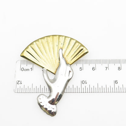 925 Sterling Silver 2-Tone Vintage Mexico Lady Hand & Fan Pin Brooch