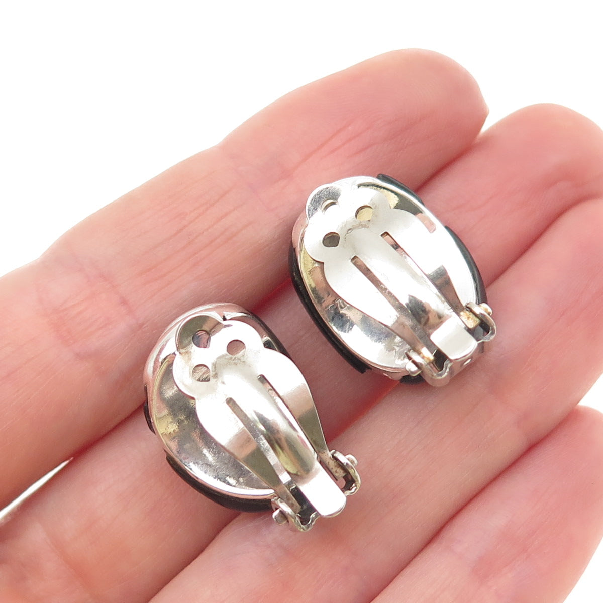 925 Sterling Silver Vintage Real Black Onyx Modernist Clip On Earrings