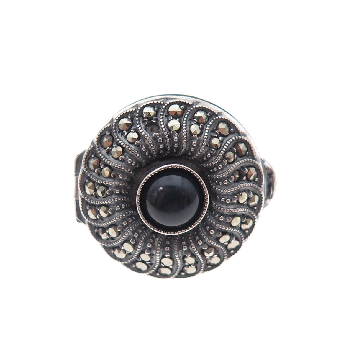 925 Sterling Antique Art Deco Real Black Onyx & Marcasite Locket Ring Size 5