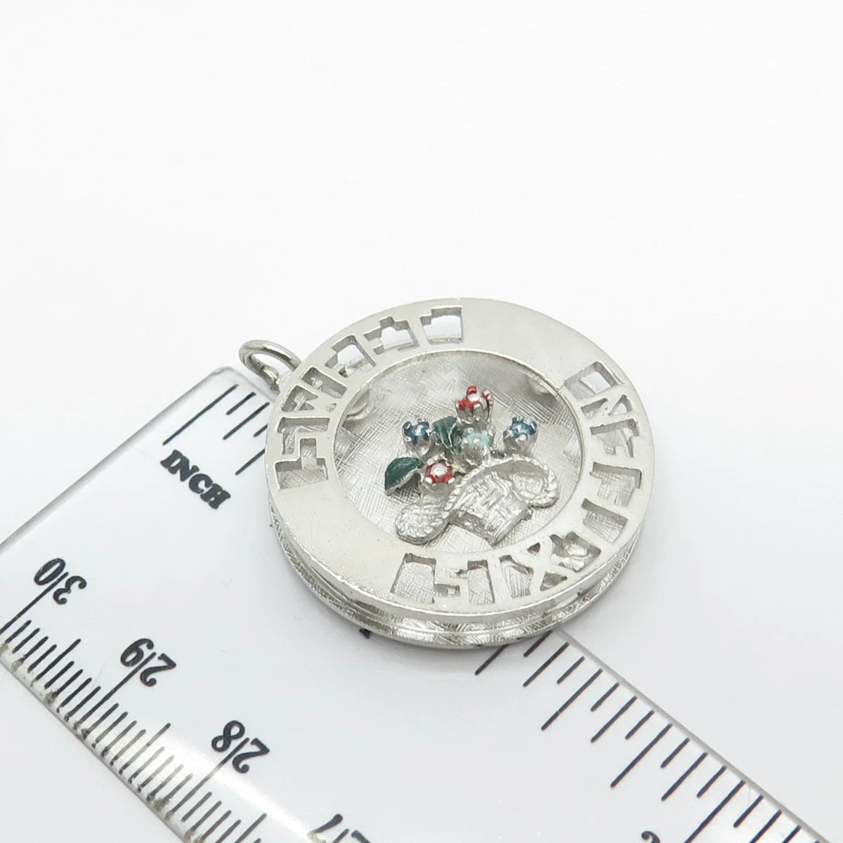 925 Sterling Silver Vintage Enamel "Sweet Sixteen" Floral Basket Round Pendant