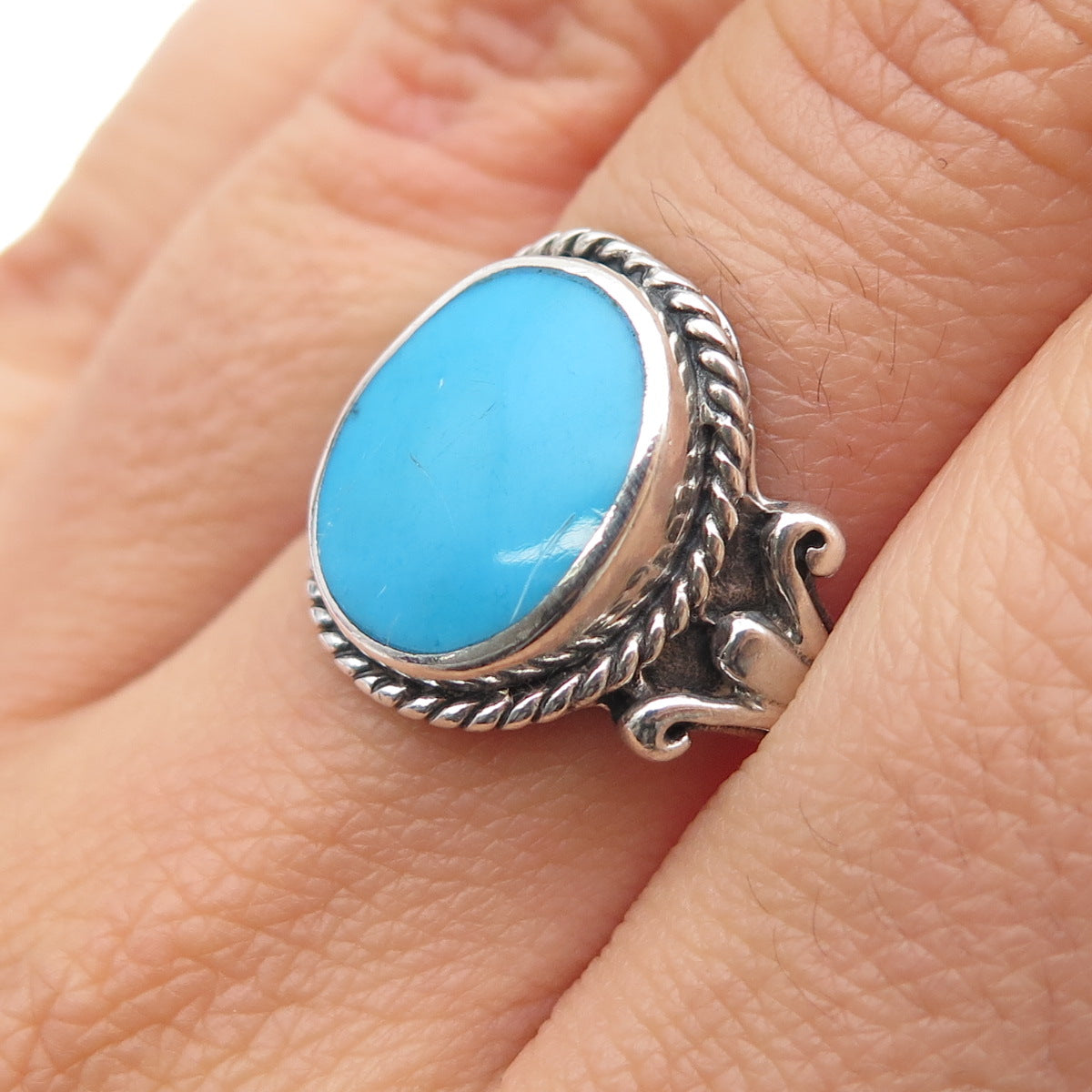 CFJ Collins Fine Sterling Silver Vintage Real Turquoise Oxidized Ring Size 6.75