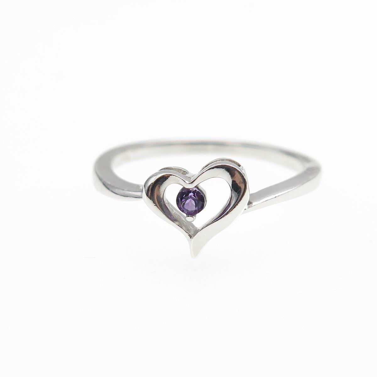 925 Sterling Silver Real Round-Cut Amethyst Heart Ring Size 6.75